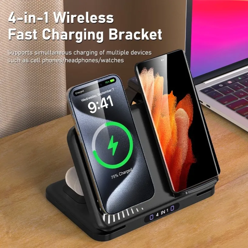 

4 in 1 Magnetic Wireless Charger Stand For iPhone 17~12 Dual Phone Fast Charging for Samsung Xiaomi Airpods Pro Apple Watch 11~2