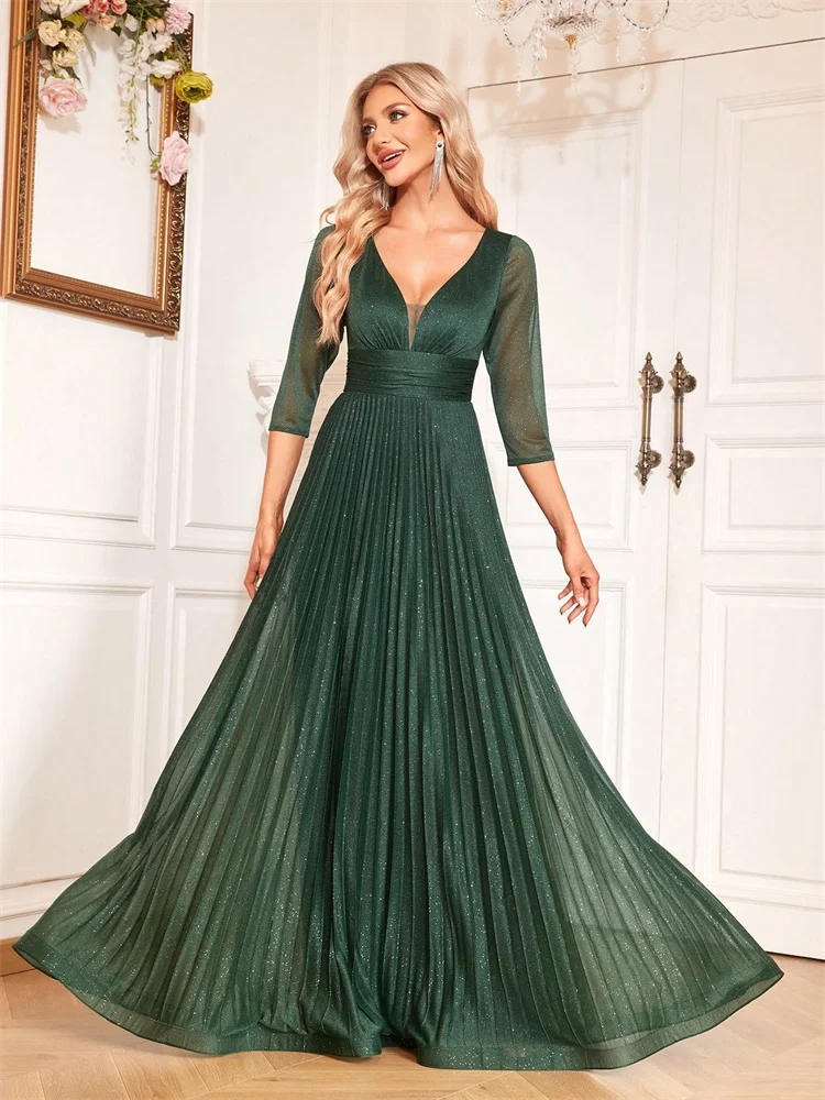 BLUEPLUM Luxury Long Sleeve Formal Evening Dress V-Neck Floor-Length Gown Women Elegant Party Chiffon A-line Prom Cocktail Dress