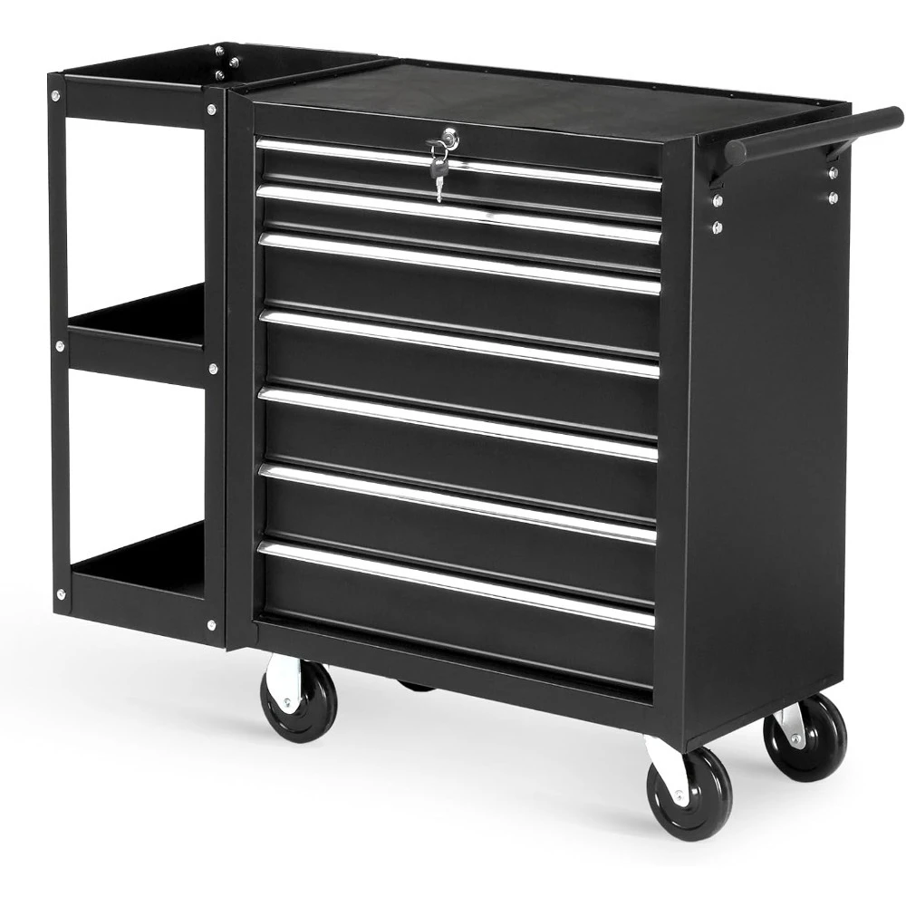 

7-Drawer Rolling Tool Chest with Side Shelves, Tool Storage Side Cabinet w/Lockable Wheels, Top Cushion & Drawer Liners,