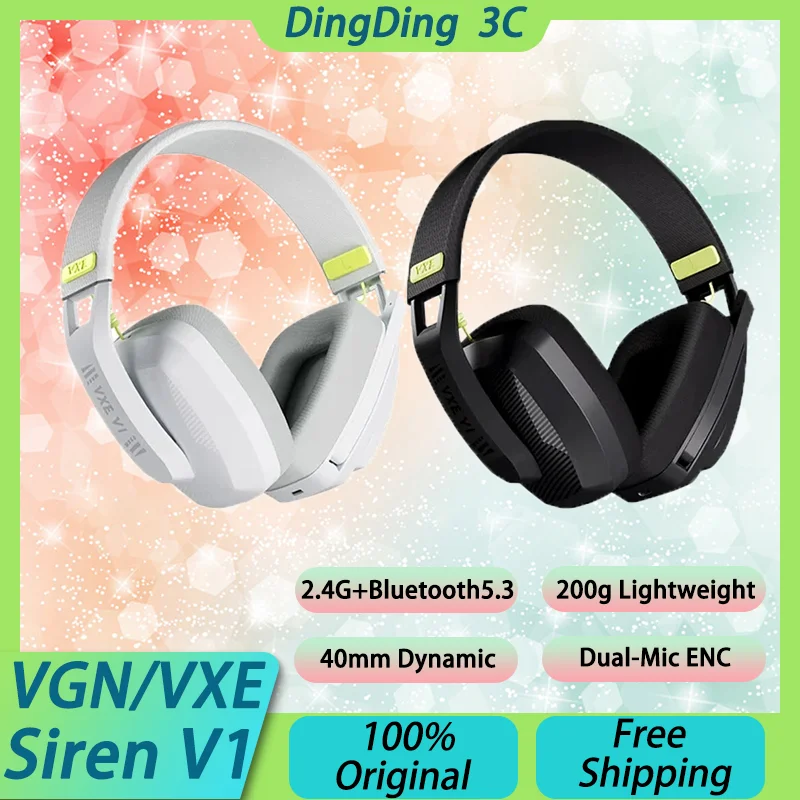 VGN VXE Siren V1 Headphones Wireless Bluetooth Game Music Mode Dual-Mic ENC 40mm Dynamic 15ms Low Latency Lightweight PC Custom