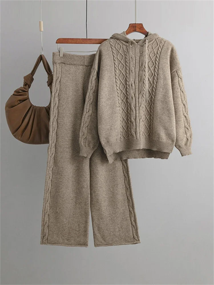 

2022 Autumn Hooded Long Sleeved Pullover Top+Wide Leg Pants Suit Women Two Piece Set Casual Winter Elegant Outfits