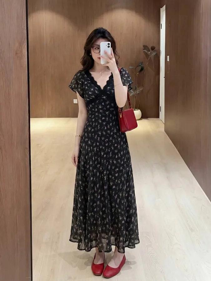 

plus Size Women's Sweet Floral Lace Trim V-Neck Dress Summer New Waist Cinching Meat Covering A-Line Long Dress