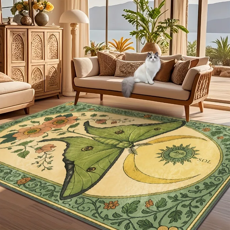 Boho Butterfly Moon Floral Print Area Rug Flannel Carpet Non Slip Floor Mat for Bedroom Living Room Retro Aesthetic Home Decor