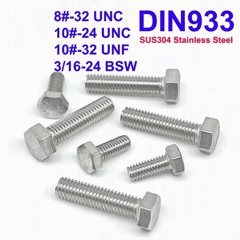 DIN933 Hexagon Screws 8# 10# UNC UNF 3/16-24 BSW SUS304 A2 Stainless Steel External Hexagon Bolts Full Threaded
