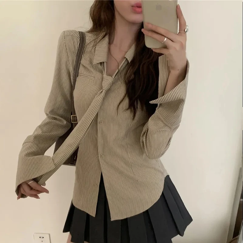 

GIDYQ Vintage Striped Shirt Women Maillard Casual Slim Lazy Wind Long Sleeve Blouse Fashion Tie Waisted Office Lady Tops Spring