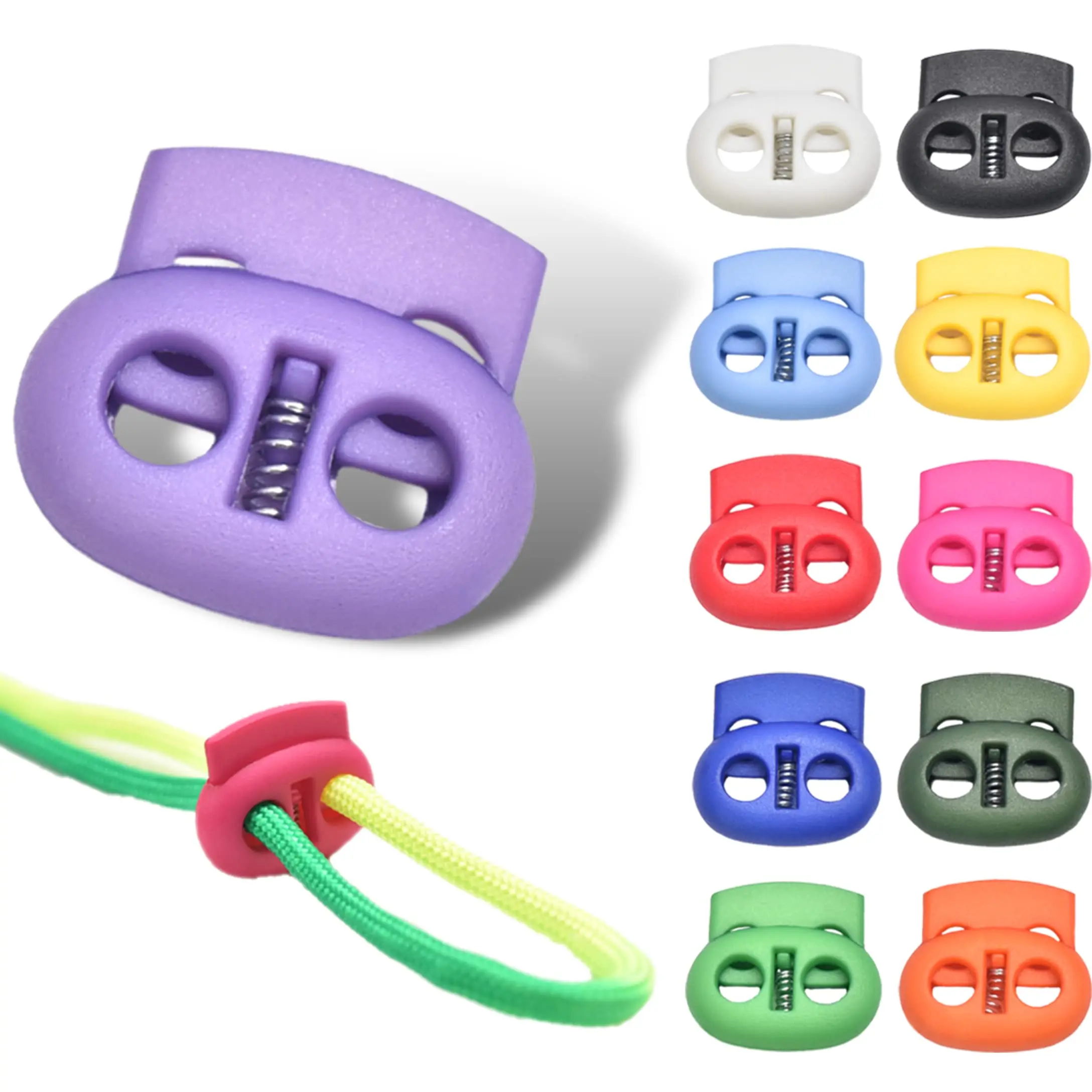 100Pcs Plastic Cord Locks for Drawstrings Double Hole Spring Stopper Fastener Slider Toggles End