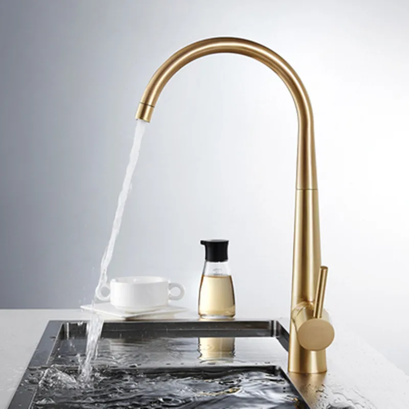 

Kitchen Sink Faucet Brushed Gold Cold And Hot Water Tap Brass Mixer With Pull Out Deck Mounted Multi Functional 360Rotation