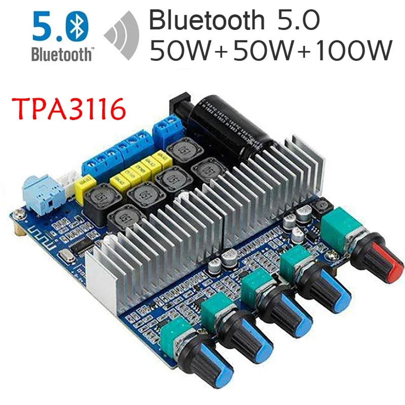 

TPA3116 Subwoofer Amplifier Board 2.1 Channel High Power Bluetooth 5.0 Audio Amplifiers DC12V-24V 2*50W+100W Amplificador