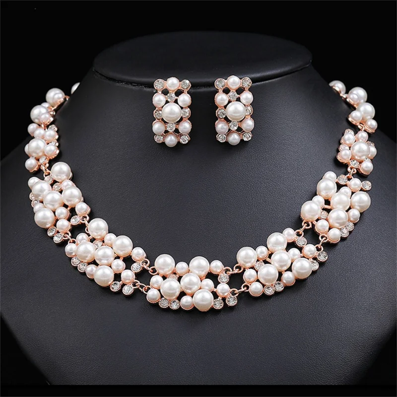 

3pcs New Fashion Imitation Pearl Alloy Necklace and Earring Set for Women Wedding Jewelry Accessories Gift