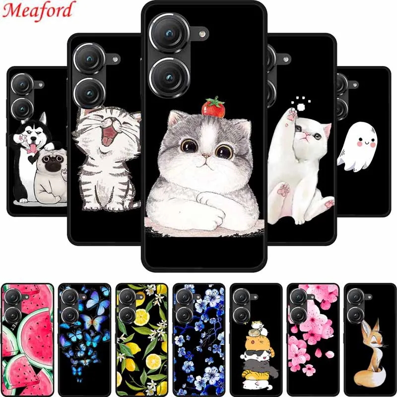 Coque para Asus Zenfone 10 Funda de teléfono lindo gato de dibujos animados Funda trasera suave de silicona negra para Asus Zenfone 9 10 10z Funda
