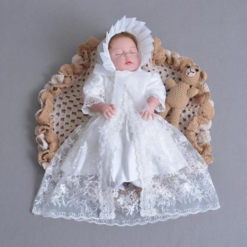 Brand 3pcs Baby Girls Dresses With Hat Baby Girl 1 Year Birthday Clothes Baptism Lace Christening Ball Gown RBF174001