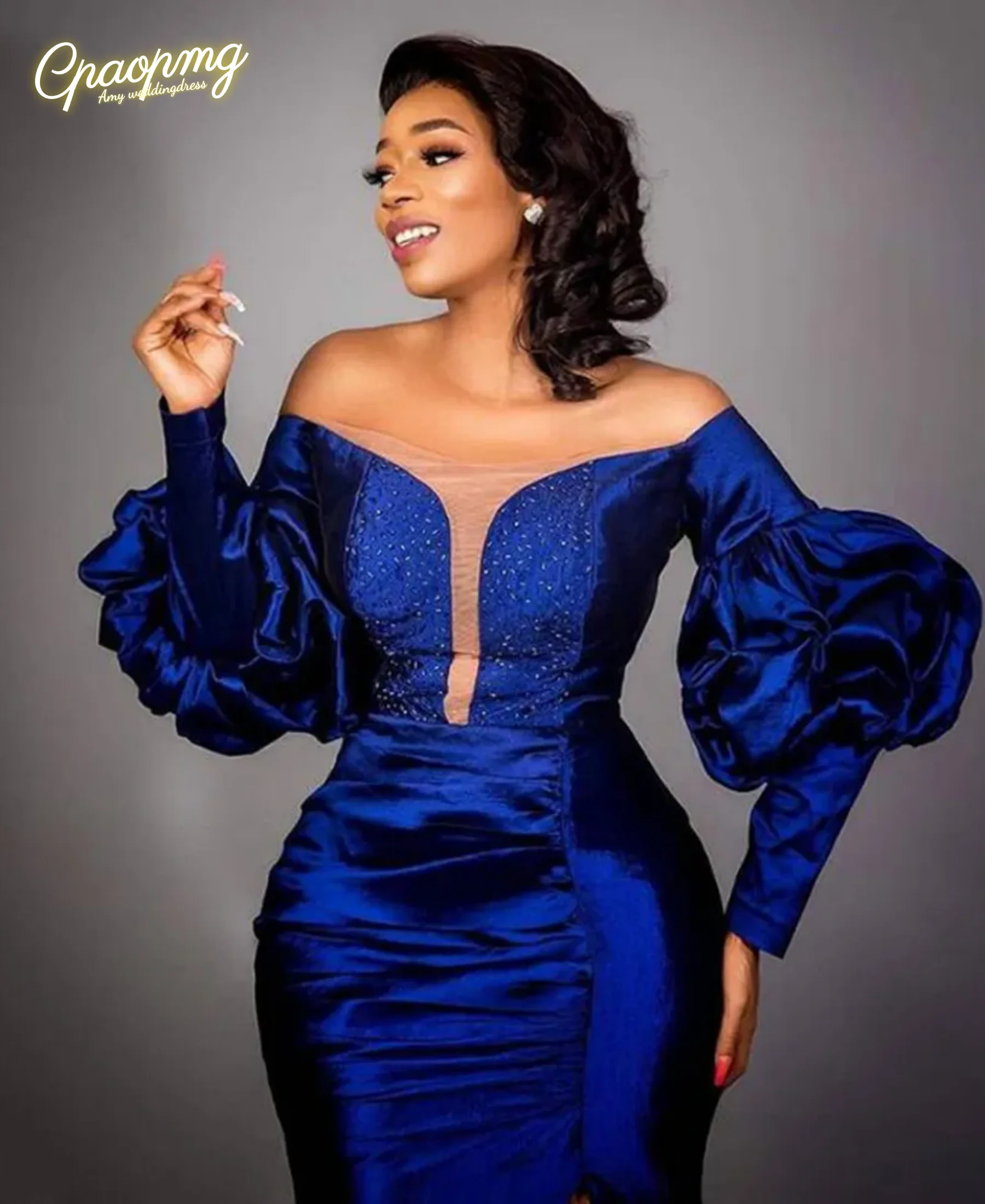 Customized Blue Satin Mermaid Evening Dress Elegant Off Shoulder Beaded Side Stitching Ball Dress Plus Size