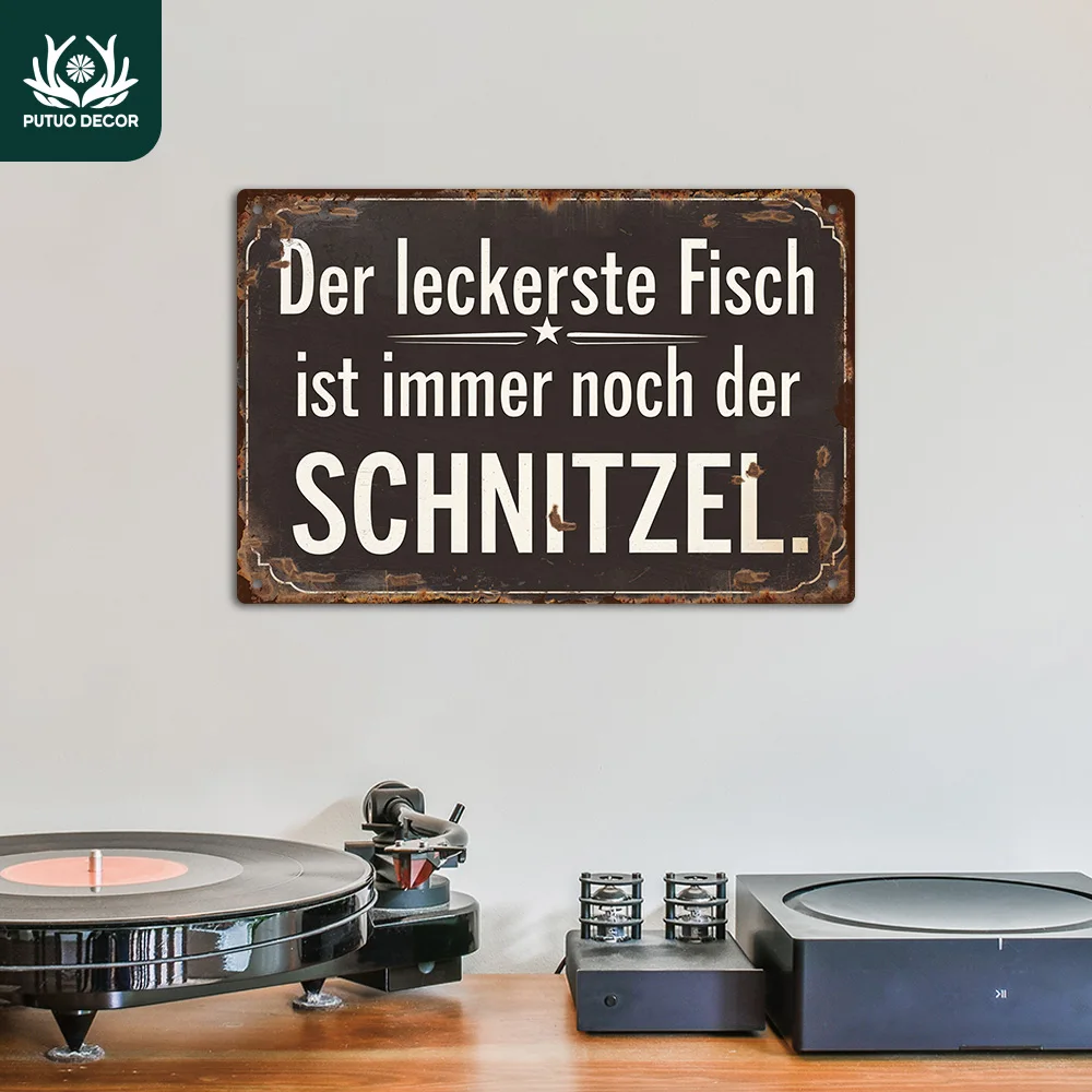 Putuo Decor 1 Stück Deutscher Sarkastischer Spruch Vintage Metallschild, DER LECKERSTE FISCH IST IMMER NOCH DER SCHNITZEL, Geschenk