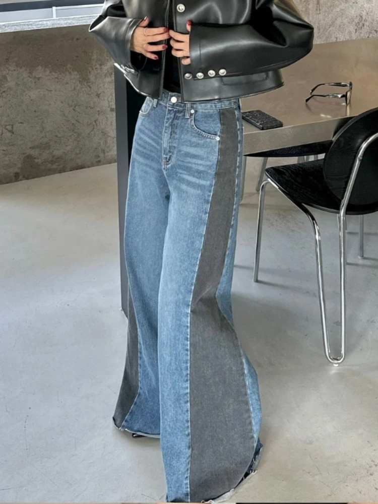 2024 Summer Retro High Waist Jeans Women High Quality Washed Color Contrast Panel Loose Slim Ragged Edge Denim Wide Leg Pants