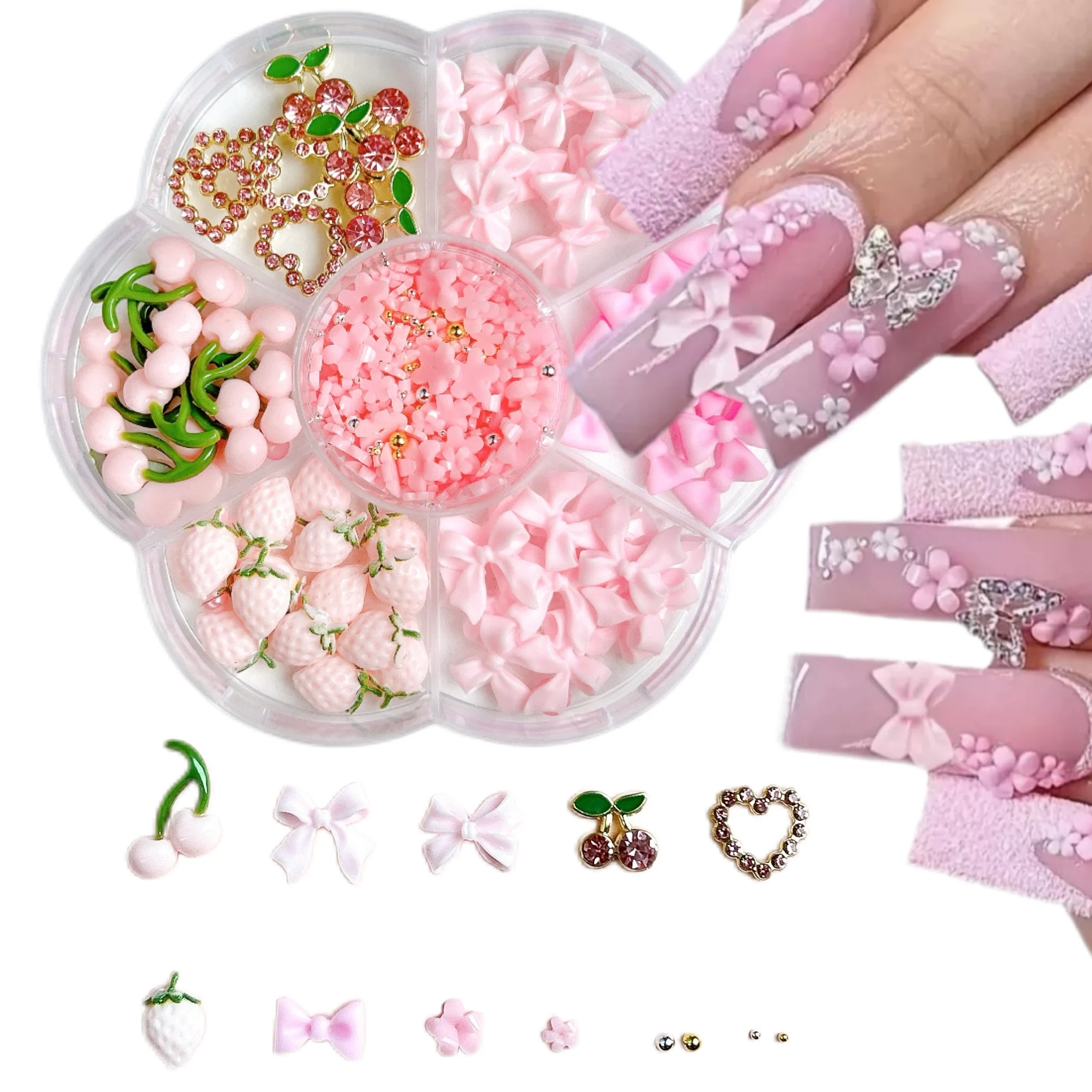 1Box 3D Hollowed-out Heart Alloy Nail Art Charms Creative Cherry Strawberry Mini Steel Ball Mixed Nail Decorations DIY Nail Sets