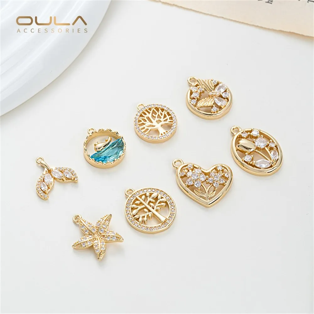 1pcs Color Retention 14K Genuine Gold Whale Tail Set with Zircon Starfish, Life Tree, Tulip Pendant Diy Bracelet Necklace Pendan