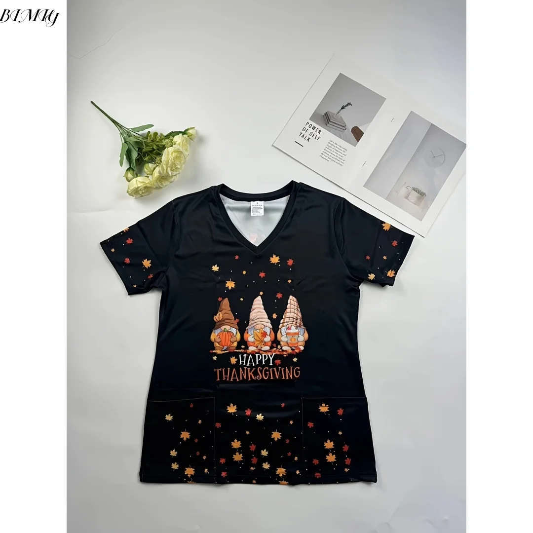 Haut de gommage à manches courtes imprimé nain pour Thanksgiving, col en v, avec poches, pour médecin, infirmière, médecin, dentiste, vêtements de travail pour femmes