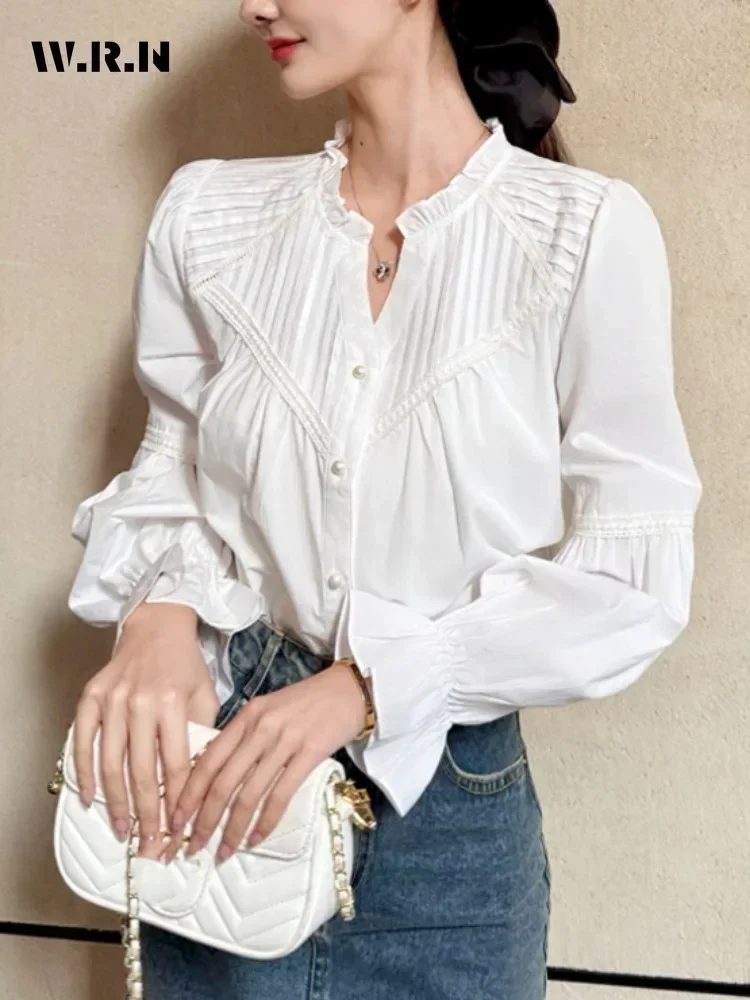 

Fairy Elegant Long Sleeve Round Neck Solid Color Ruffles Shirts 2025 Spring Women Casual Classic Office Lady Basics Blouse