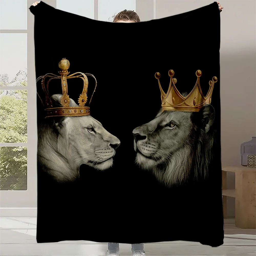 1pc Kings and Queens Lion King Lion Queen Crown Print Flannel Blanket, High-Grade Flannel Blanket, Light -Friendly Warm Blanket