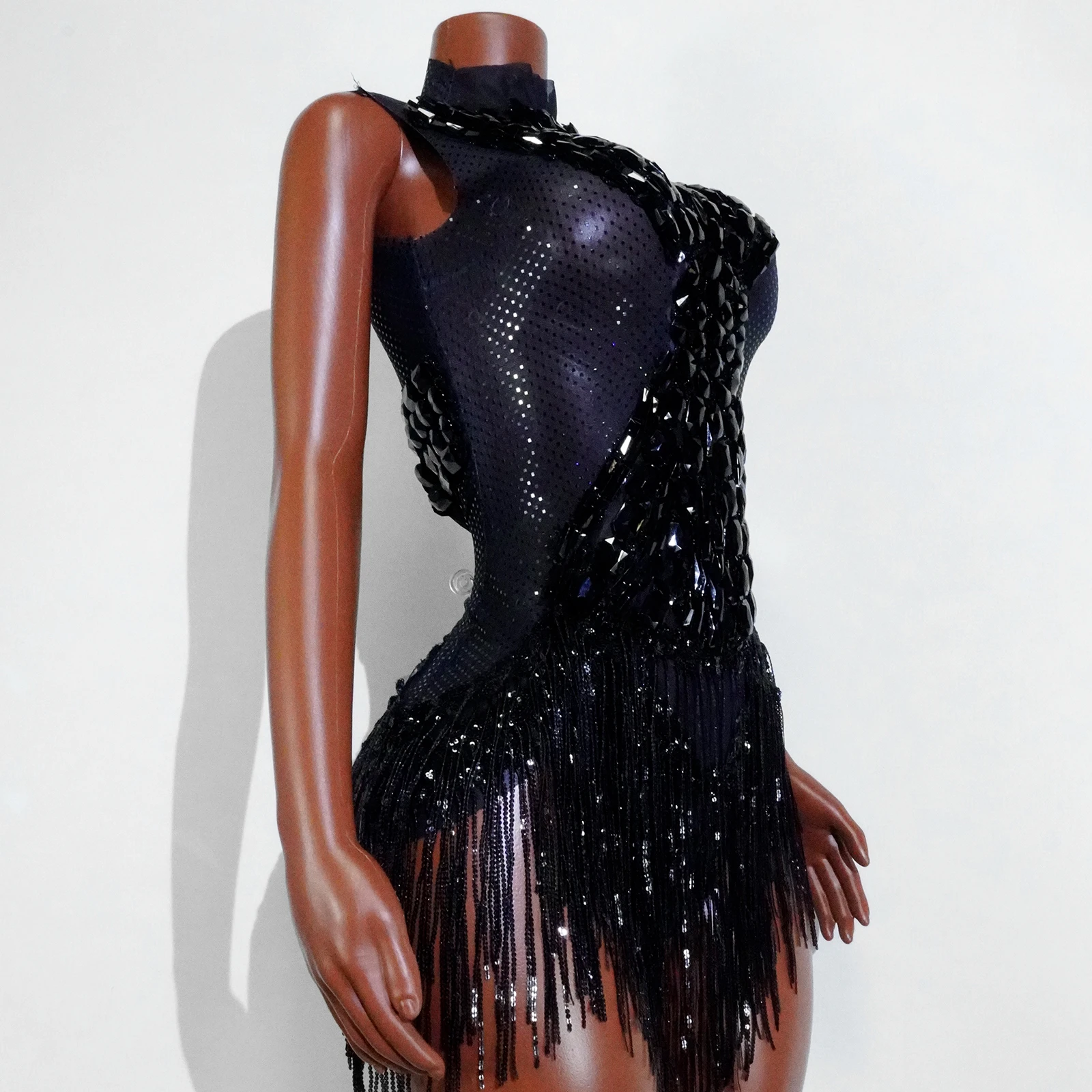 Women Sexy Black Mesh Tassel Bodysuit Sequins Performance Birthday Party Dance Costume Stage Wear Nightclub Drag Queen outfits