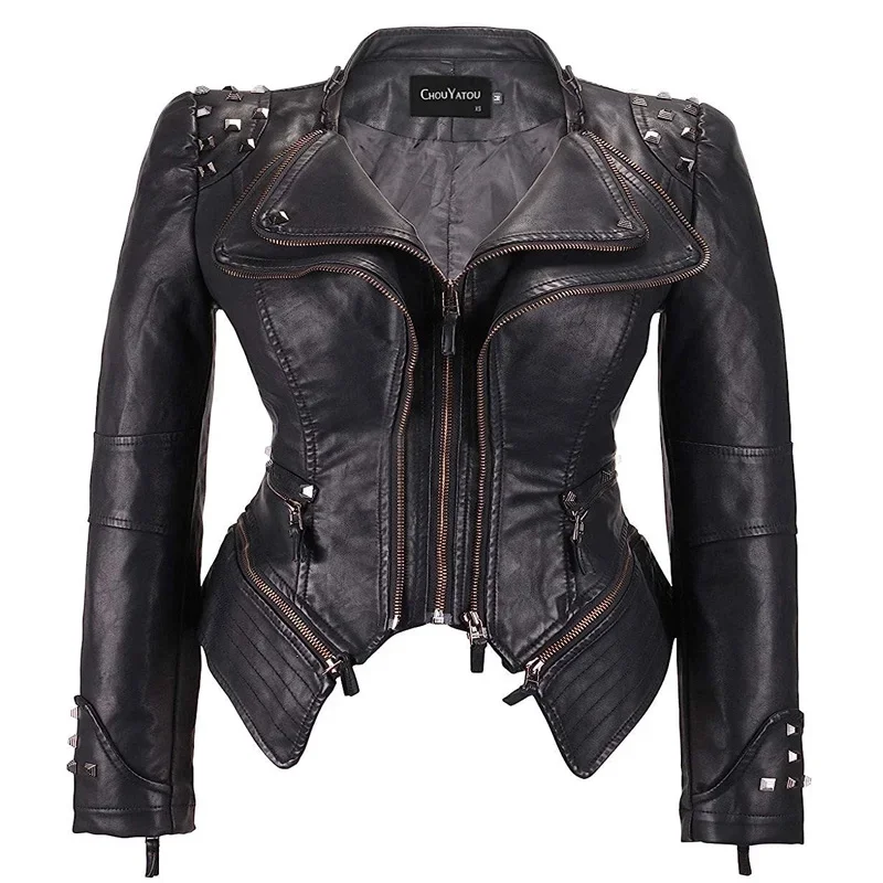 Spring New Style Suit Collar Rivet Waist Short Washed Pu Leather Jacket