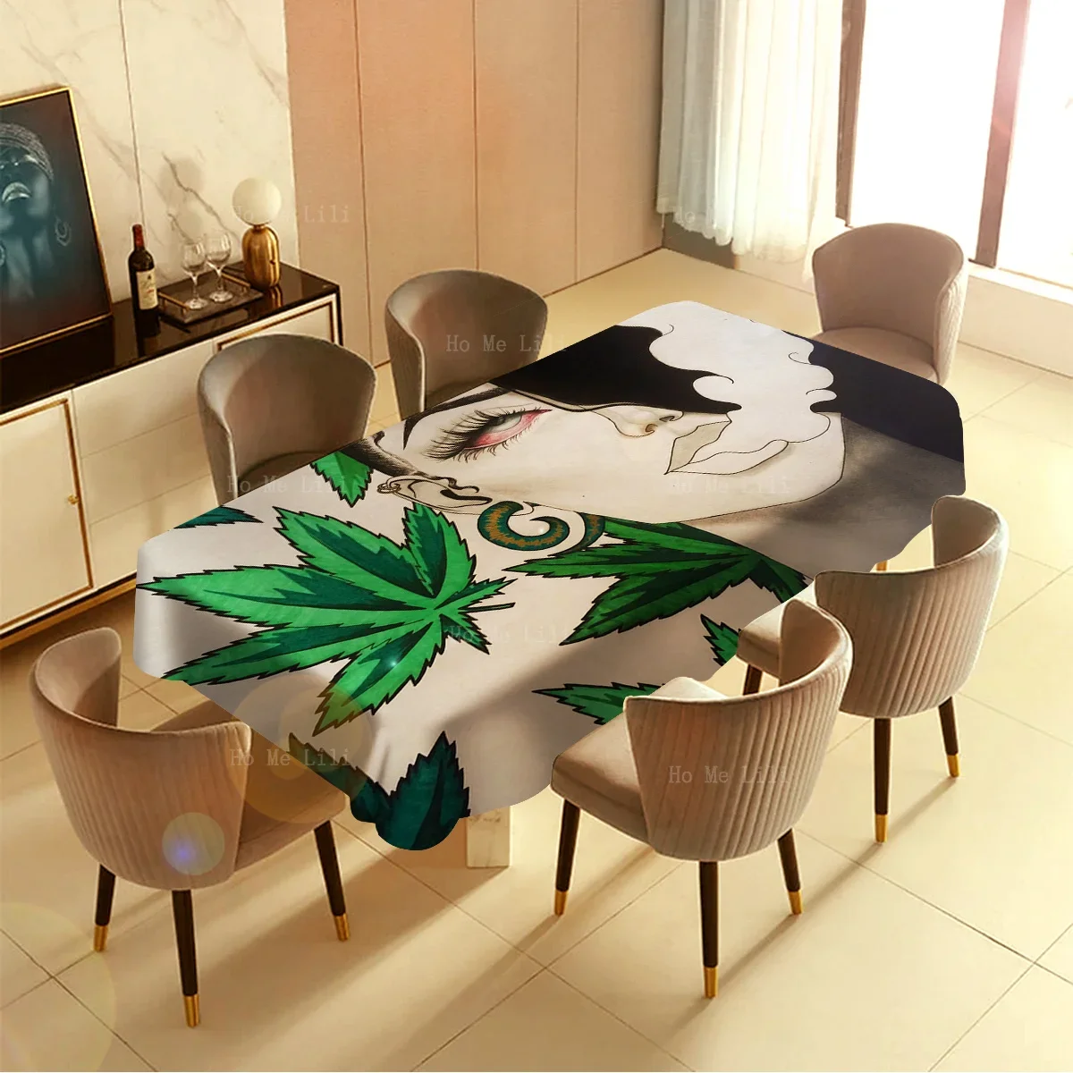 Black Girl Female Smoking Psychedelic Weed Green Leaf Filled Tablecloth By Ho Me Lili For Tabletop Decor