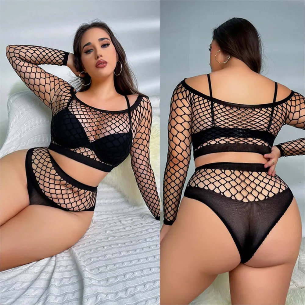 

Sexy lingеrie women Tight hollowed out mesh see through bikini set plus size woman clothing erotic costume sexy pajamas woman