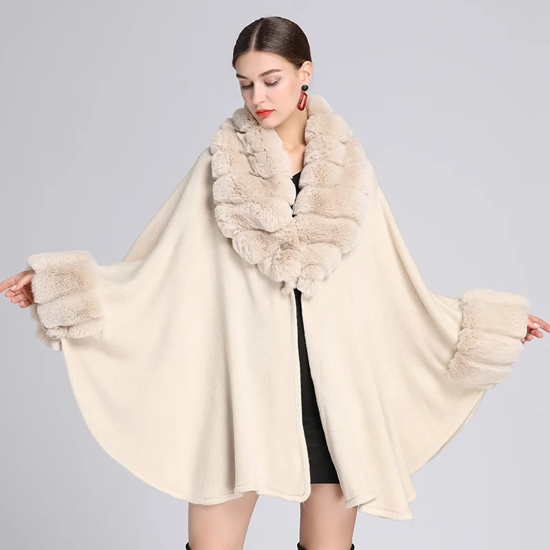 

Knitted Cardigan Women Cloak Autumn Winte Fur Collar Shawl Cloak Ladies Loose Cape Coat Patchwork Poncho Feminino Inverno