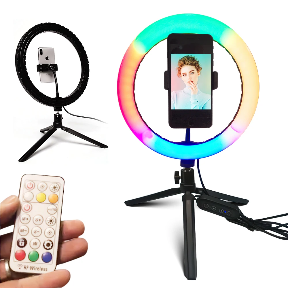 Travor 8/10 Inch RGB Ring Light USB Fill Light Desktop Digital Photo Lamp with Stand Phone Holder for Selfie Live Video