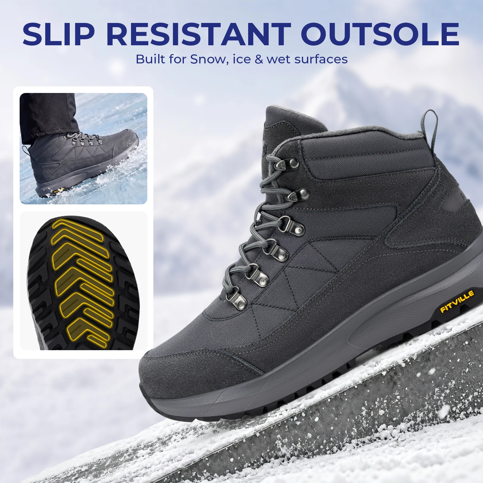 Botas de senderismo de invierno para hombre FitVille, con puntera ancha, botas de nieve, resistentes al agua, forradas con forro polar, calzado informal para senderismo, diseñadas para aliviar el dolor de pies.