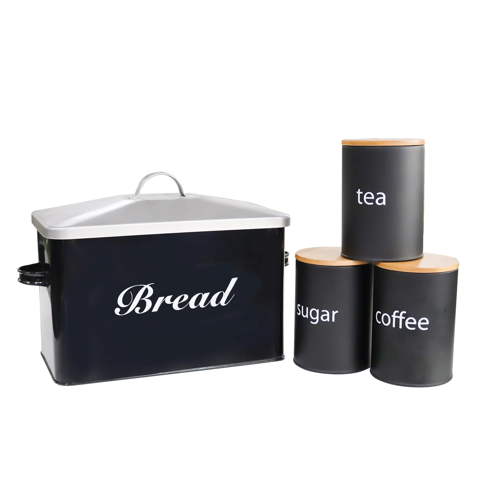 Kitchen Bread Food Storage Container Set Metal Bread Box with 3pcs Coffee Sugar Tea Jar Farmhouse Bread Snack Box Black White