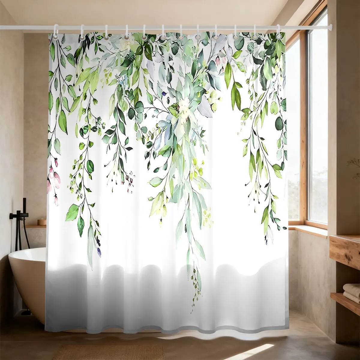1PC Green Leaf Flowers Print Shower Curtain, Waterproof Space‑Dividing Privacy Curtain, Fashionable Household Bathroom