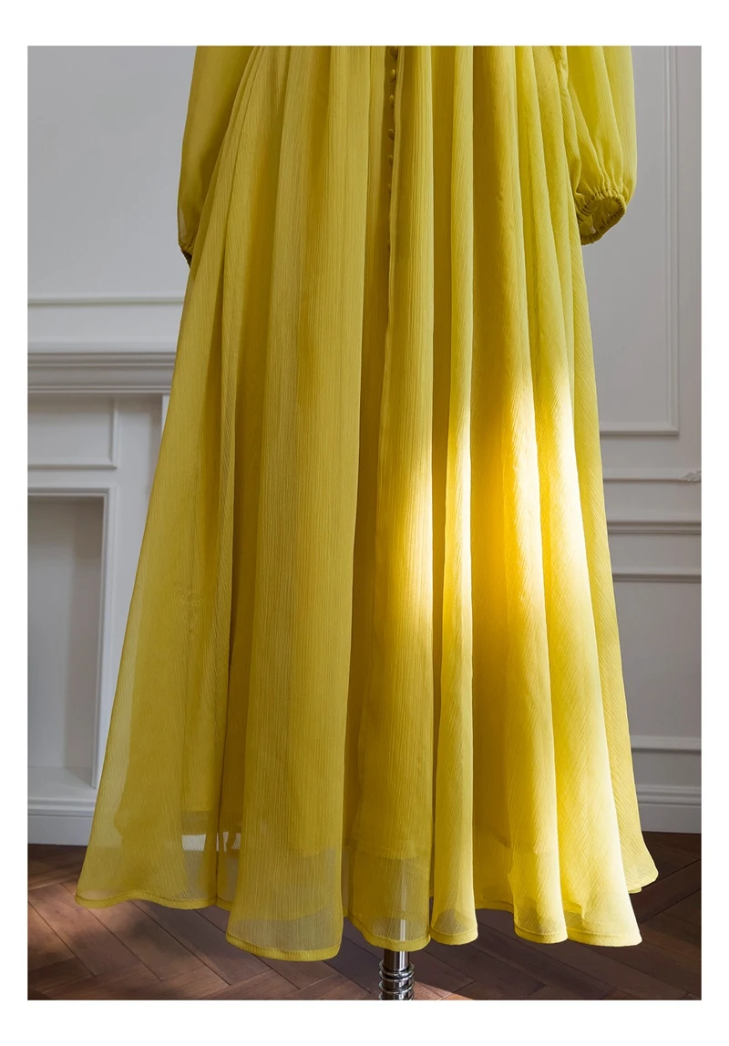 Lingzhi Wu M ustard Yellow Long Dress French Vintage Sexy Slim Waist Folds Laziness Elegant Top Quality Vestidos ExpansionBottom