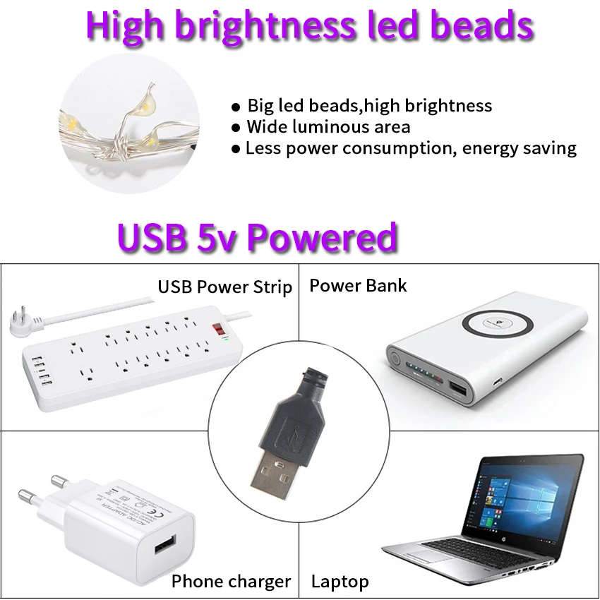 Cadena de luces de hadas USB, 5V, 2M, 20LED, alambre de cobre impermeable, Graland, Navidad, Año Nuevo, vacaciones, Lámpara decorativa para interior o Camping