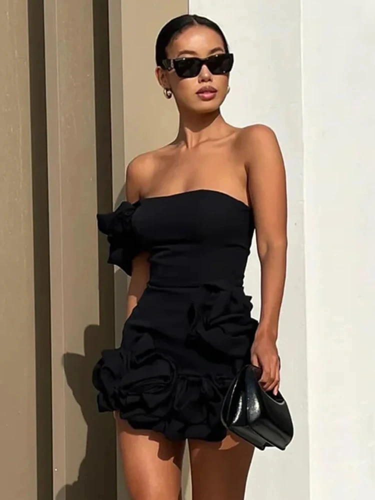 2024 Women Summer Sexy One Shoulder Sleeveless Slim Ruched Ruffles Black Dress Evening Stage Performance Dress Vestido