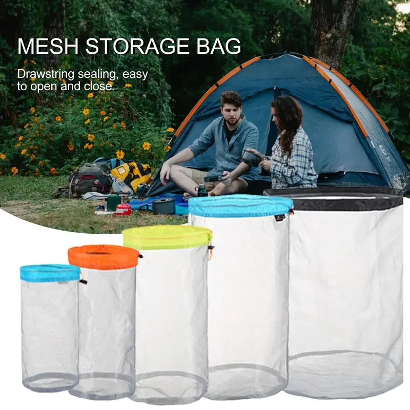 5Pcs/set Travel Mesh Stuff Sack Nylon Mesh Drawstring Storage Bag For Camping Travelling Hiking Sleeping Bag Ditty Sacks