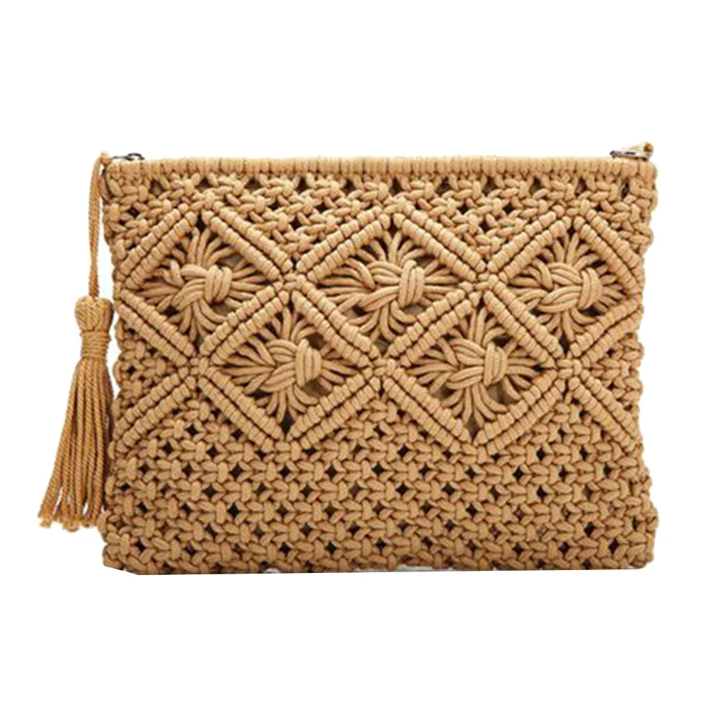 Women's Hand-Woven Cotton Bag Straw Woven Bag Coin Purse Mobile Phone Bag Clutch Bag Tassel Bag Khaki