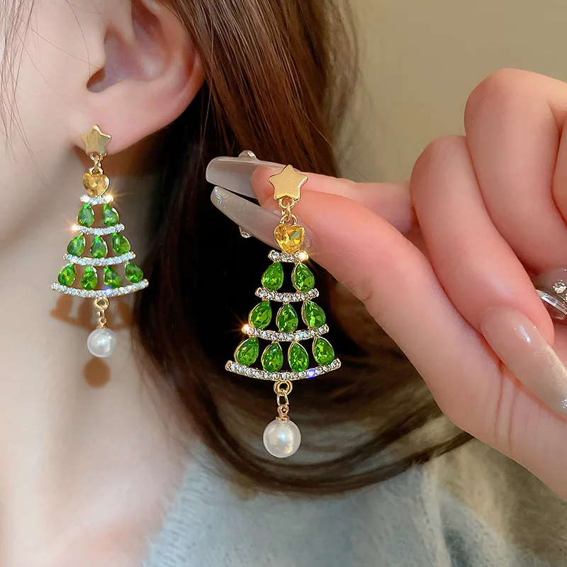 

Vintage Star Studded Rhinestone Christmas Tree Pearl Tassel Silvery Needle Earrings Light Luxury Charm Earrings for Women