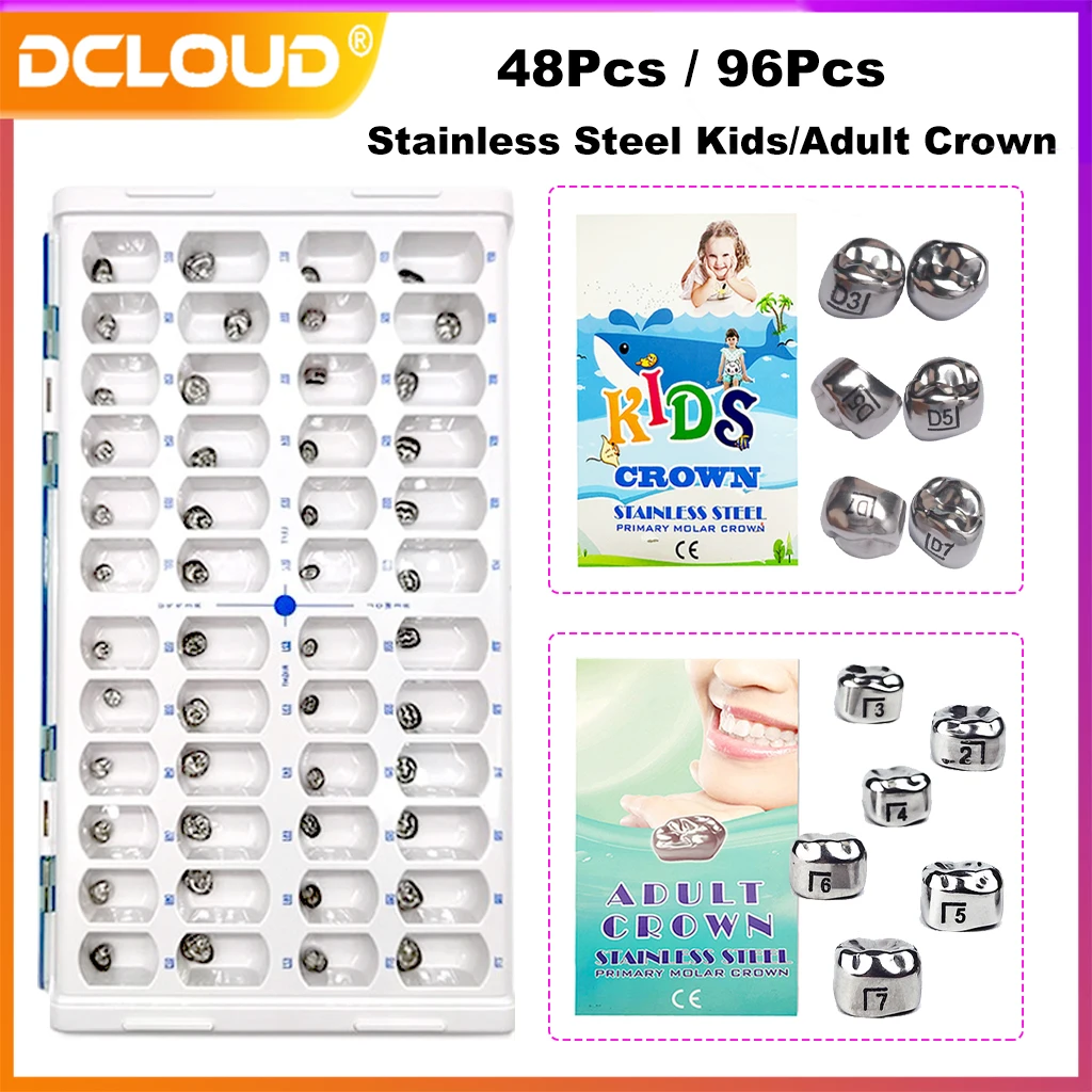 

48/96Pcs Dental Primary Molar Crown 1st 2nd Preformed Stainless Steel Crowns Kit Adult Kids Temporary Teeth Dentistry Pediatric