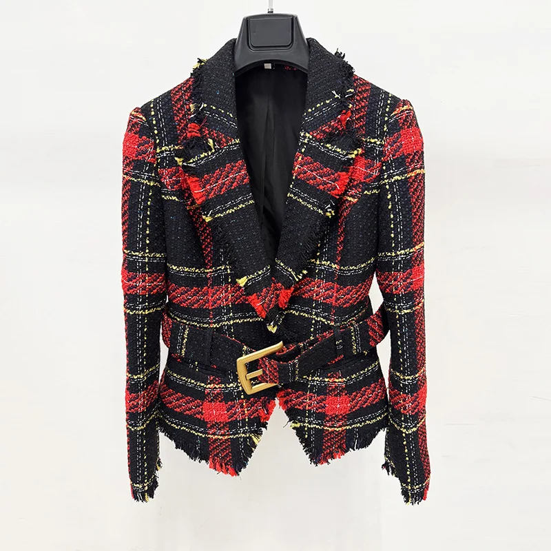 Elegant Red Plaid Tweed Jacket Sexy Fringe Slim Coat Women Vintage Party Night Club Prom Cocktail Wedding Guest Jackets