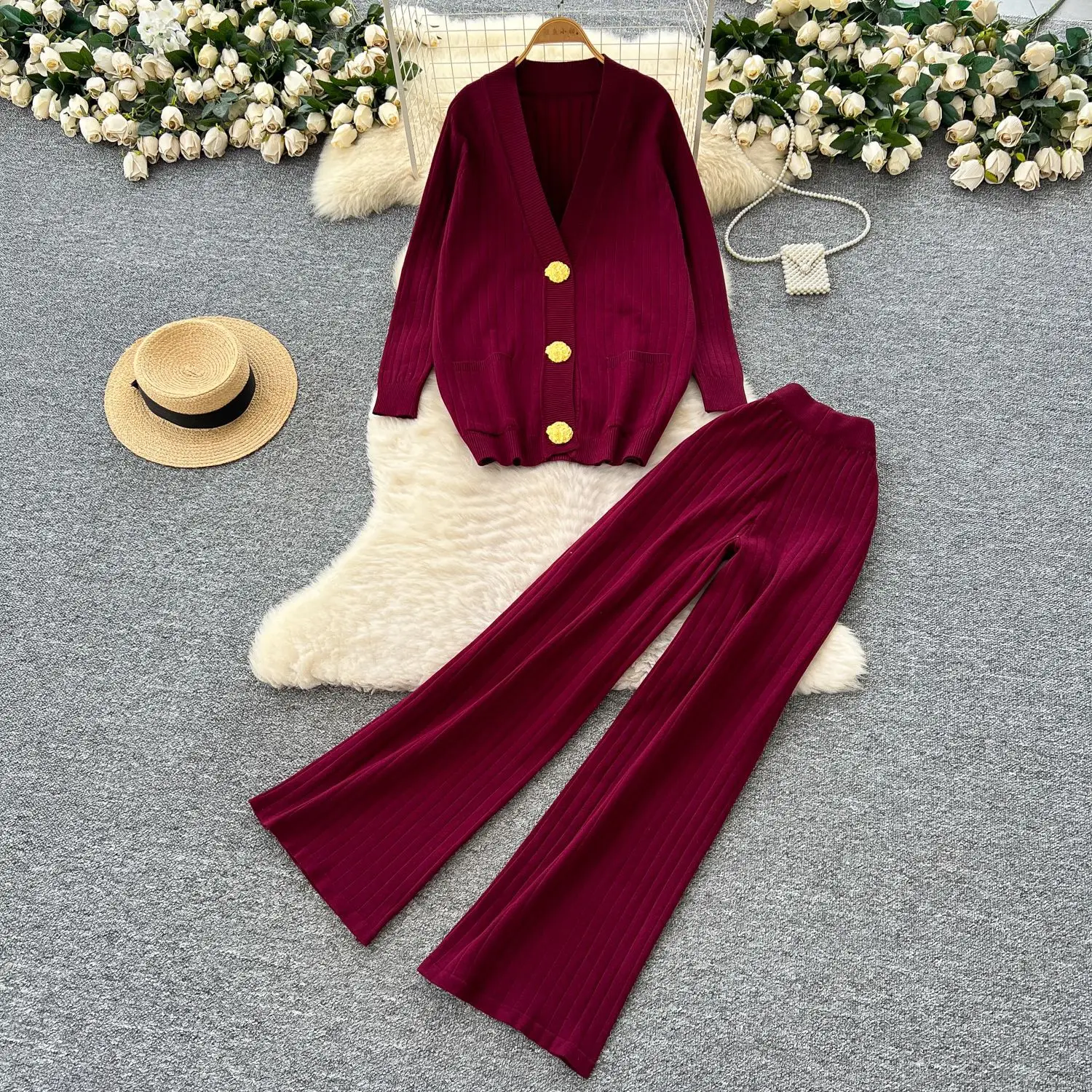 

Two Pieces Women Pant Set Knitted Sweater Set Solid Button Pocket V Neck Cardigan Empire Waist Pant Loose Fit Casual 2025 Autumn