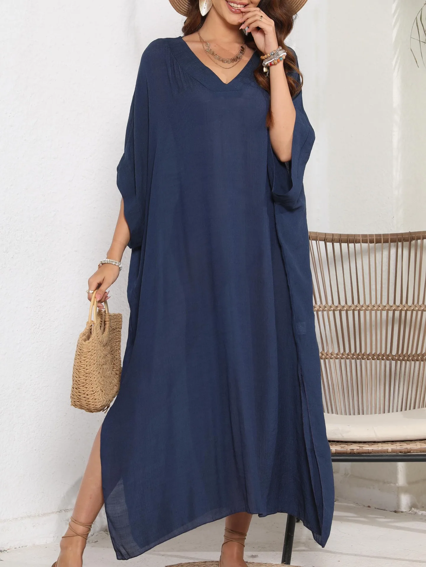 Robe de plage longue pour femmes, caftan bleu noir, décontracté, ample, Cover-Up pour Bikini, col en v, fendue, protection solaire, vêtements de plage, été