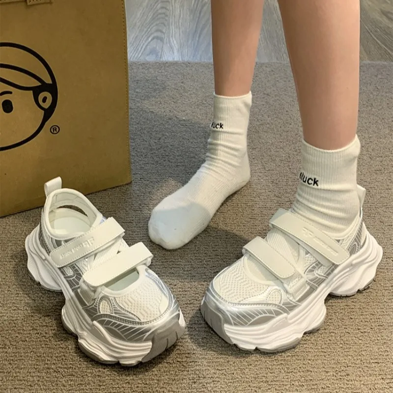 

Metallic Silver Hollow Out Platform Sandals Women Double Velcro Strap Mesh Breathable Thick Sole Sport Outdoor Walking Footwear