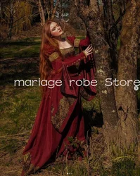 Wine Red Renaissance Faire Evening Dress Fairy Long Sleeve Gold Applique Costume Autumn Tudor Gothic Fantasy Elven Prom Dress