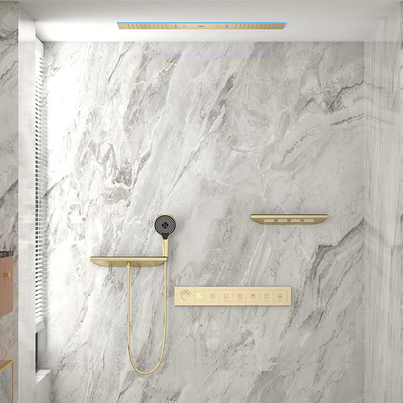 Luxury Rain Shower Set Factory Price Wall Mounted Brass Bathroom Jets Gold Black Finish Brushed Rainfall Waterfall Design