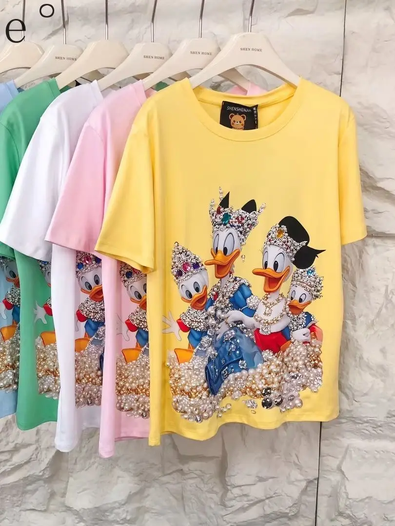 트렌디 한 여름 여성 티셔츠 2025 새로운 달콤한 만화 프린트 느슨한 o 넥 풀오버 탑 비즈 진주 모든 경기 캐주얼 코튼 티셔츠