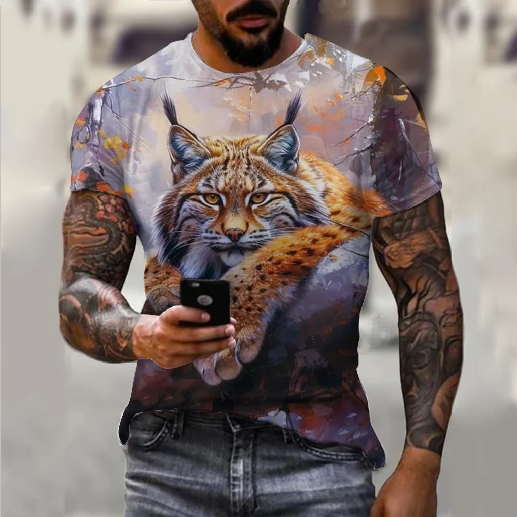 2024 summer new men\'s summer men\'s casual t-shirt 3d printed lynx bobcat print unisex short-sleeved fashion trend home wear