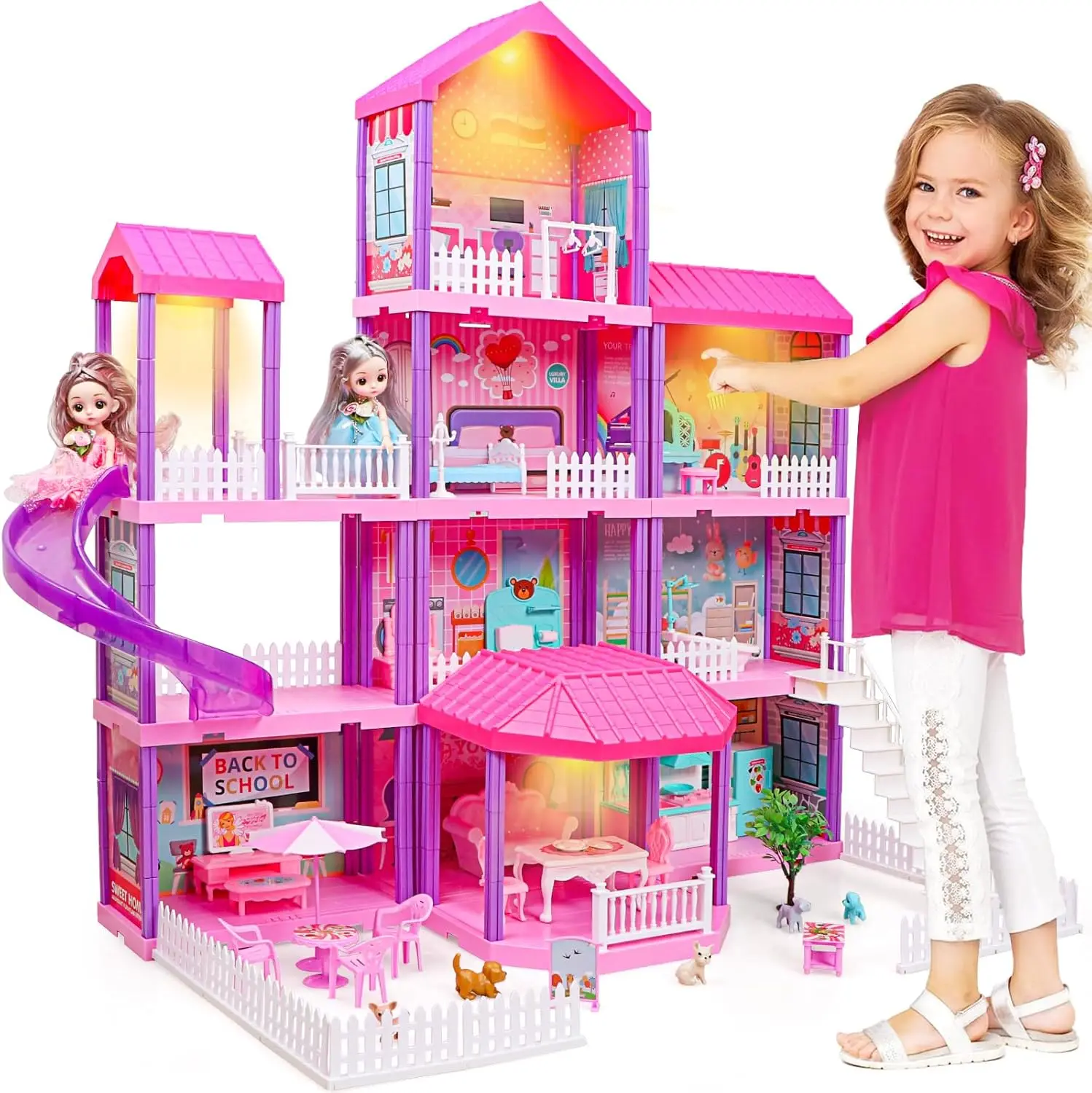 

Dream Dollhouse for Girls, 4 Stories with 11 Rooms, Furniture, and 2 Dolls - Perfect Christmas Gift for Ages 3-8+