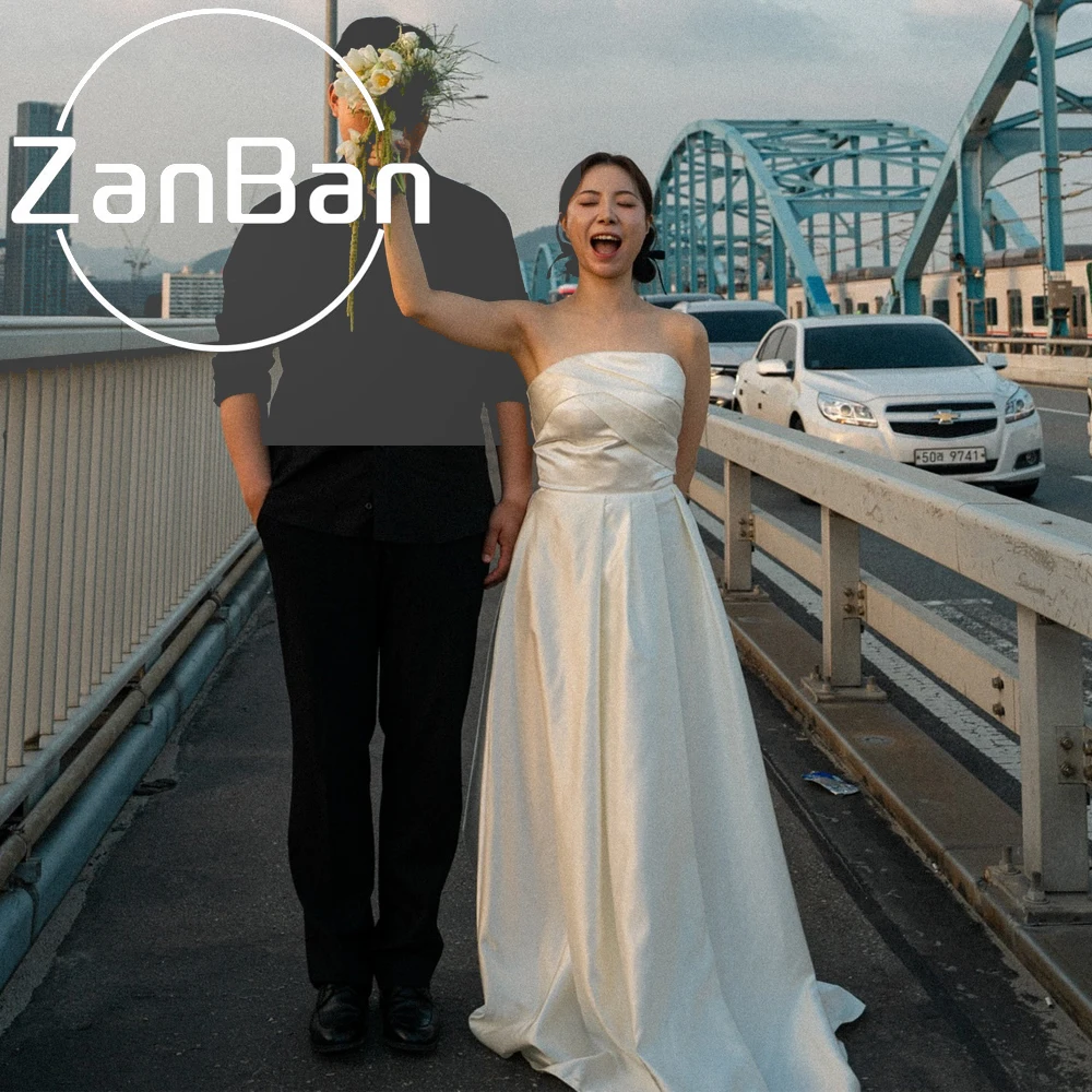 ZanBan Customized Simple Strapless A-line Wedding Dress 2026 Pleat Floor-Length Satin Bridal Gown 웨딩드레스 Korea Photoshoot