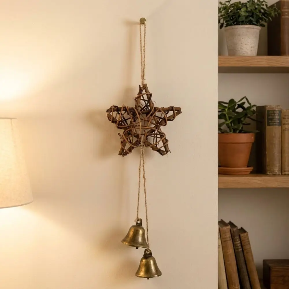 Pastoral Style Rattan Woven Wind Chime Textured Frame Hand Woven Door Hanging Five-pointed Star Tinkling Sound